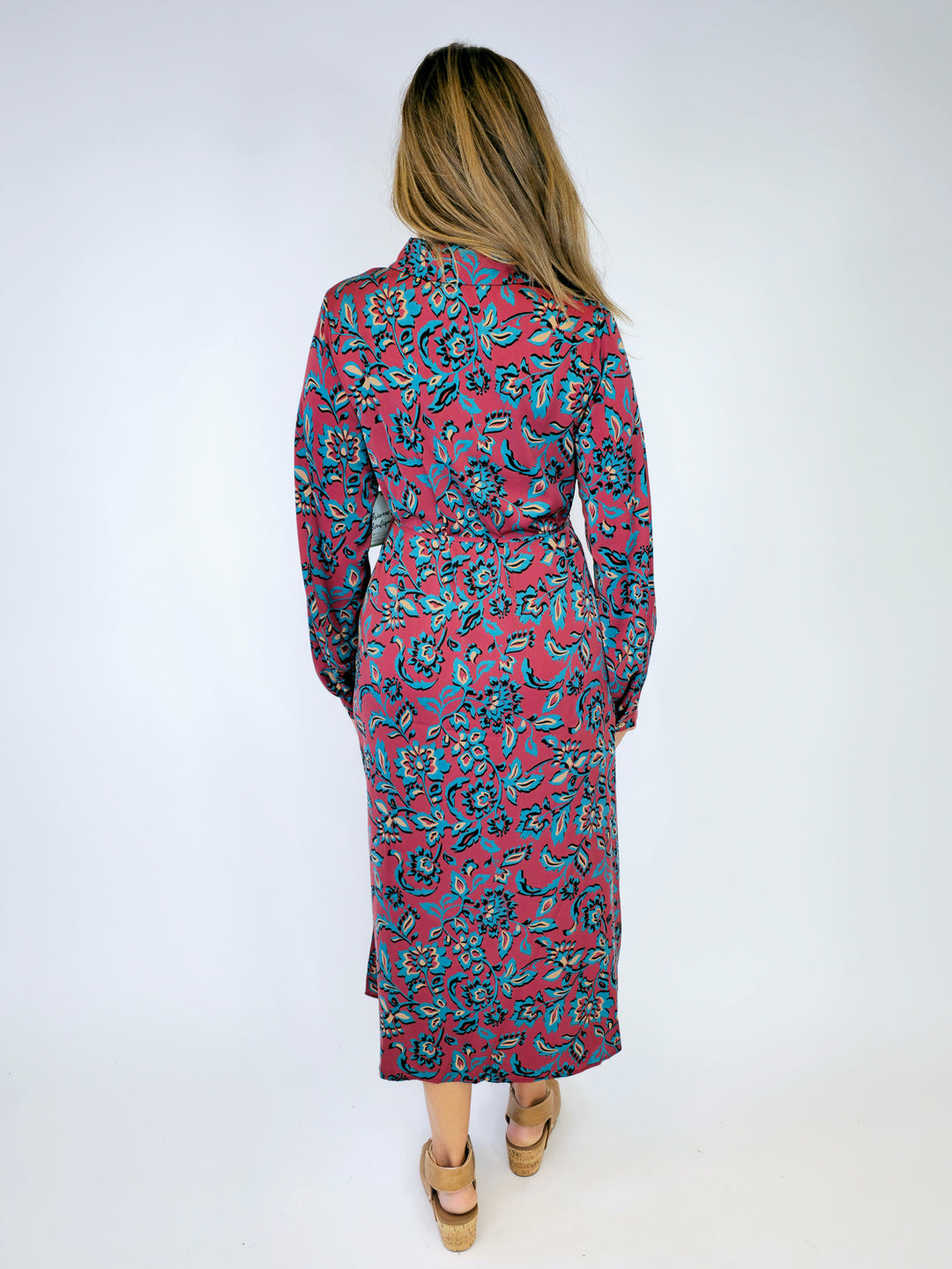 FLORAL PRINTED SHIRT DRESS W/BELT - RED BEAN