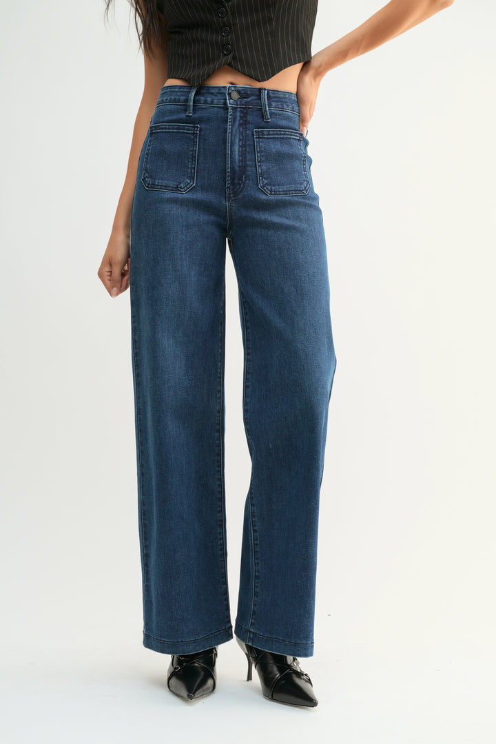 JBD HIGH RISE MINI PATCH POCKET WIDE LEG JEANS - DARK - 31" INSEAM