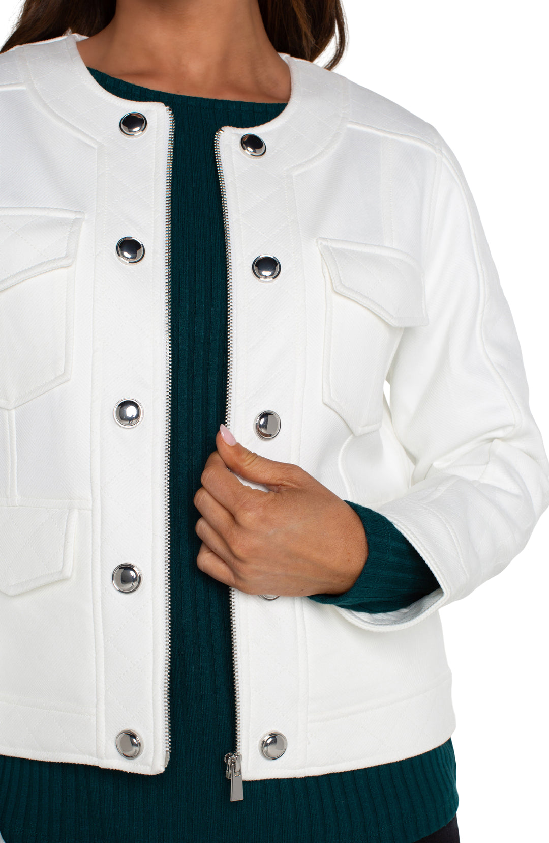 SCOOP NECK QUILTED ZIP JACKET - PORCELAIN