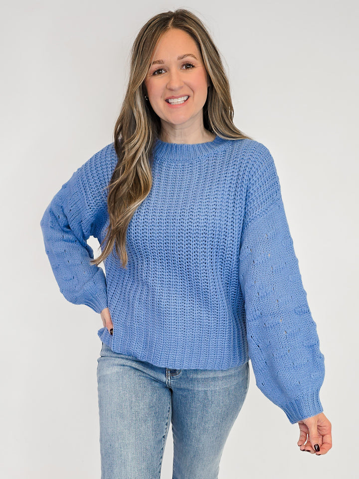 TEXTURED PUFF SLEEVE KNIT SWEATER - CADET BLUE