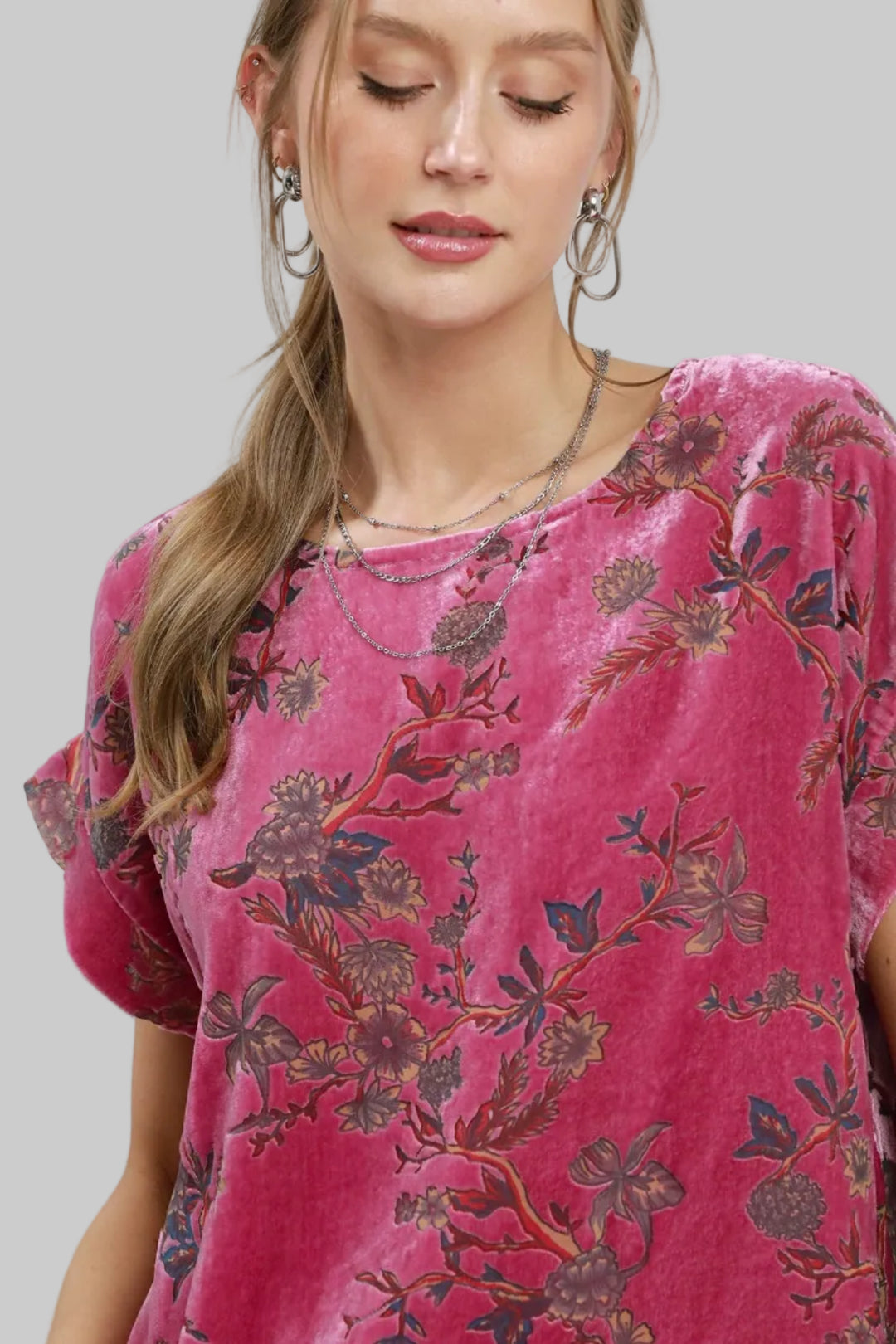 SHORT SLEEVE MIX FLORAL VELVET TOP - PINK MIX