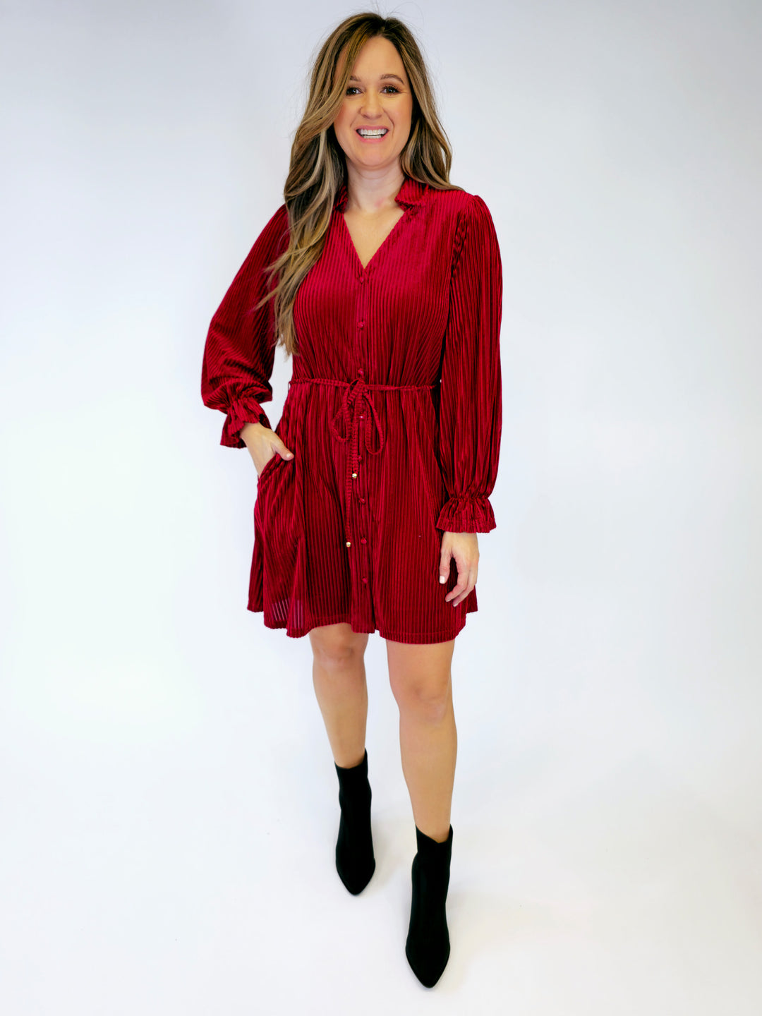 STRIPED TEXTURED VELVET DRESS W/BELT - BURGUNDY