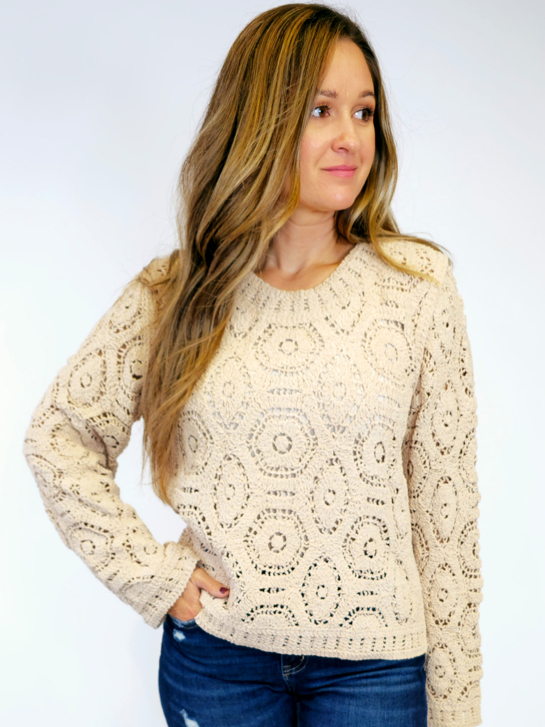 OPEN KNIT CROCHET SOLID SWEATER - MOCHA