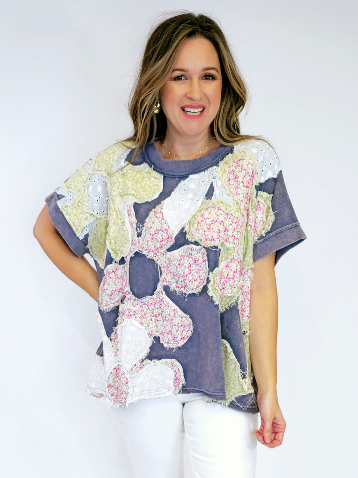 WASHED FLORAL PATCH OVERSIZED TOP - NAVY