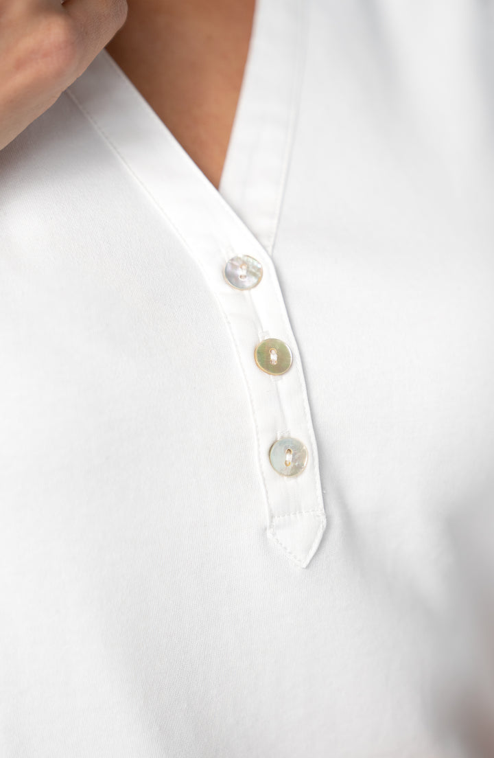 3/4 SLEEVE KNIT-TO-WOVEN TOP W/SMOCKING - WHITE