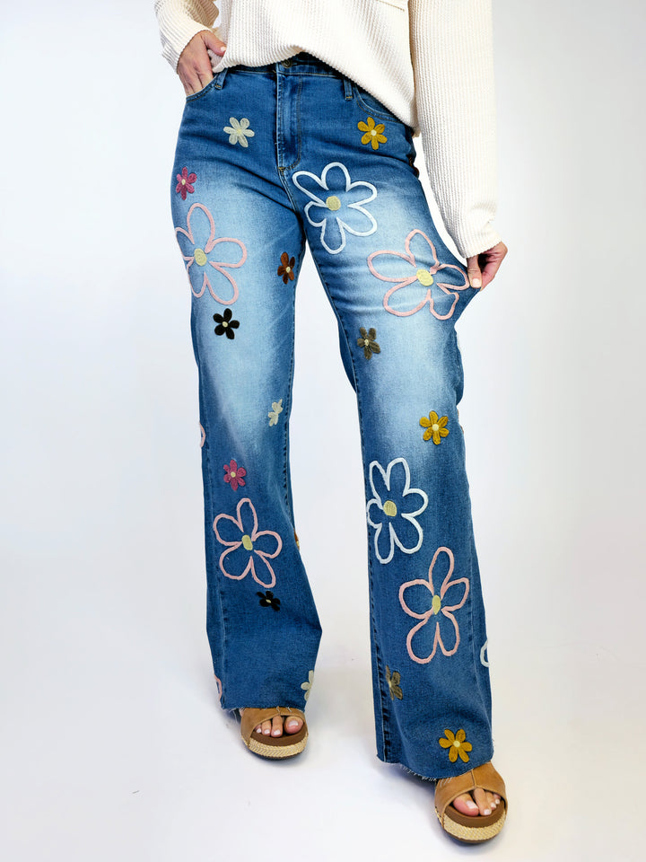 FLOWER EMBROIDERY DENIM PANTS - DENIM