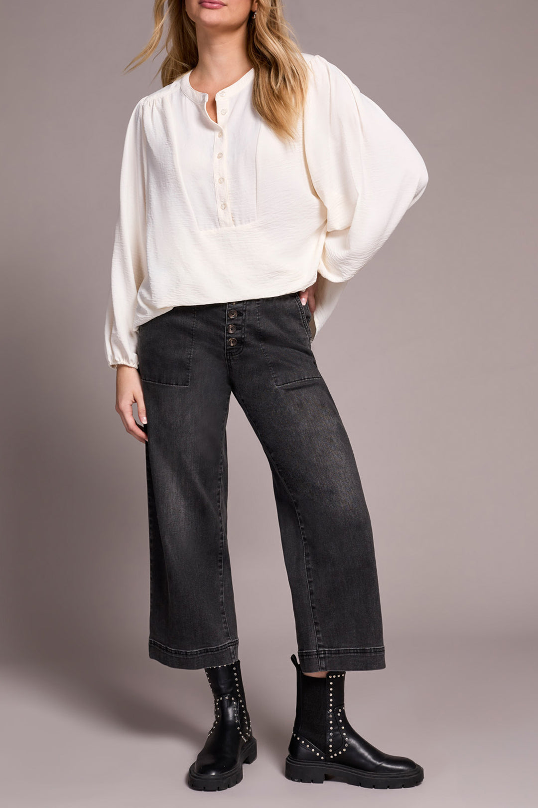 LONG SLEEVE BLOUSE W/FOLDED HEM - EGGSHELL