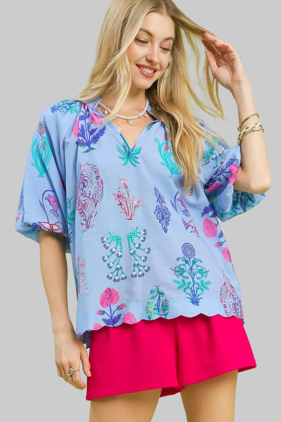 PUFF SLEEVE SCALLOPED EDGE FLORAL PRINT TOP - PERIWINKLE MIX