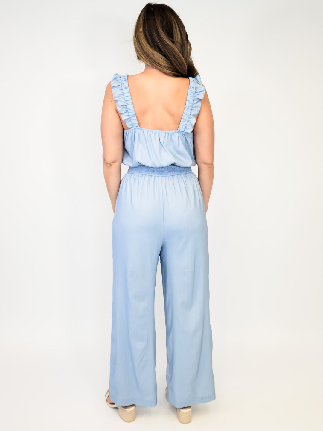 CHAMBRAY RUFFLE SLEEVELESS JUMPSUIT - DENIM