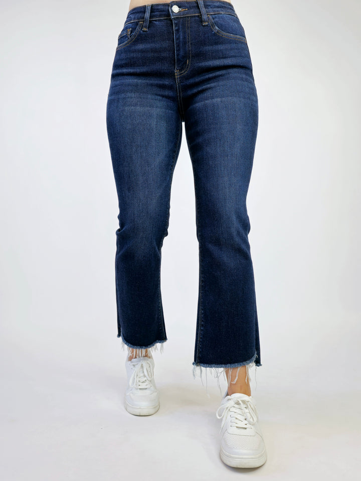 VERVET HIGH RISE STEP W/RAW HEM CROP FLARE JEANS - DARK WASH - 27" INSEAM