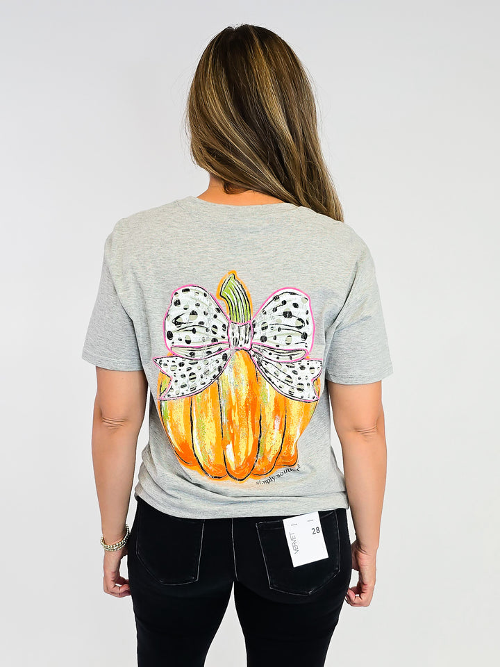 SIMPLY SOUTHERN SS BOW PUMPKIN TEE - HEATHER GREY