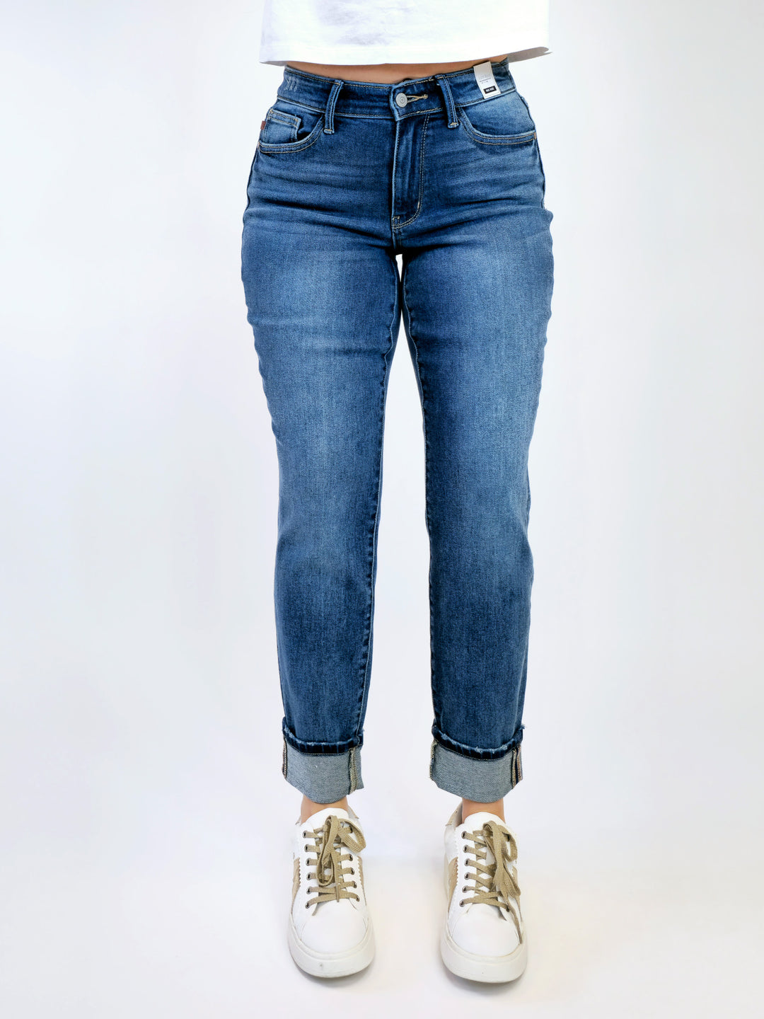 JUDY BLUE MIDRISE VINTAGE WASH W/CUFF BOYFRIEND JEANS - DARK