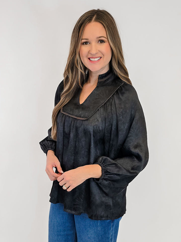 CRINKLE BROCADE LONG SLEEVE BLOUSE - BLACK