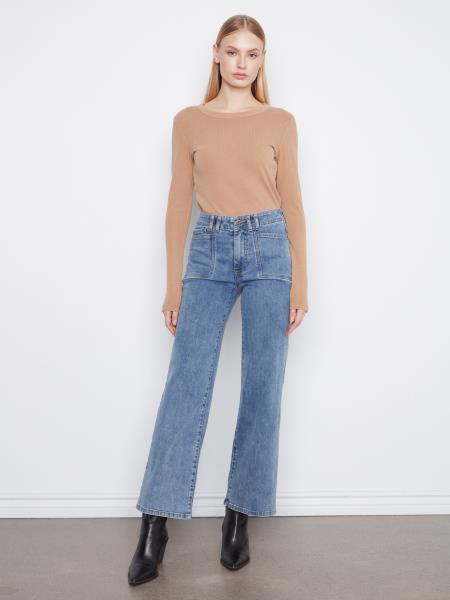 WIDE LEG STRETCH DENIM PANTS WITH PATCH POCKETS - MEDIUM BLUE