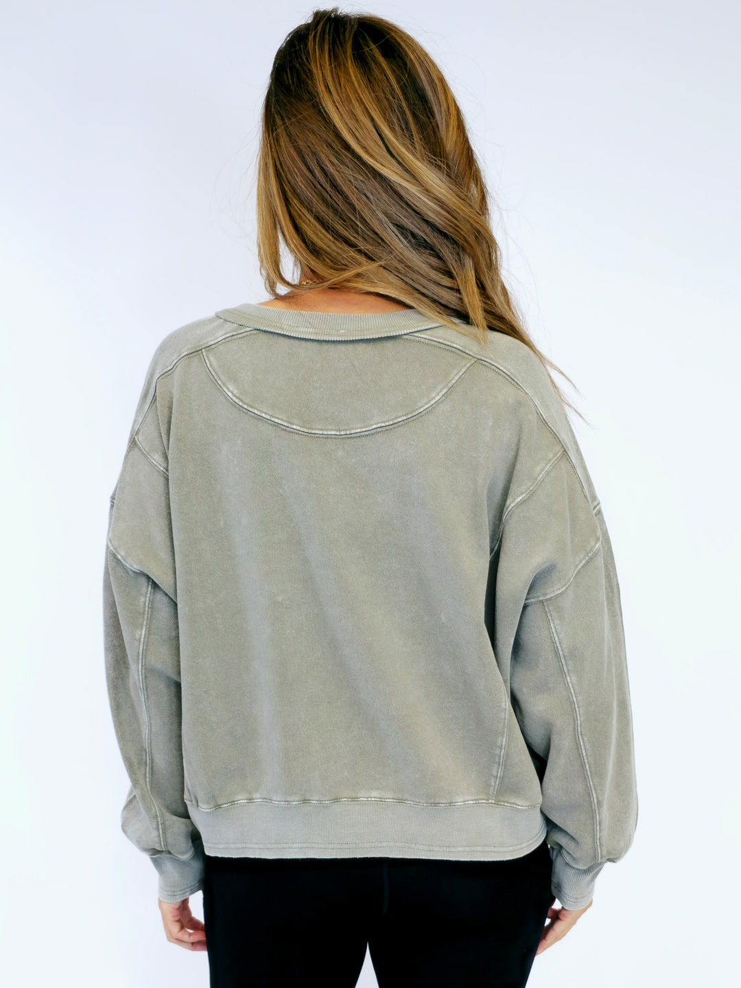 MINERAL WASHED TERRY KNIT PULLOVER - ASH OLIVE