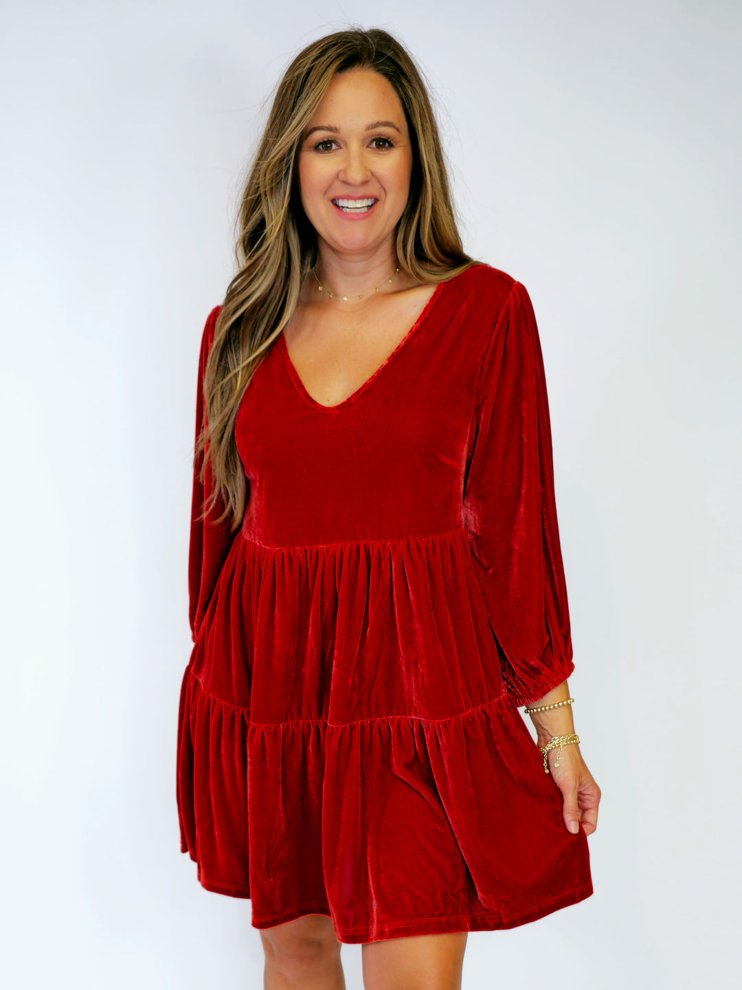 VELVET 3/4 SLEEVE SHORT DRESS - BURNT ORANGE