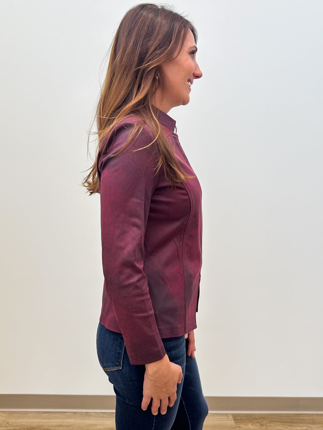 ASYMMETRICAL ZIP UP SUEDE JACKET - BURGUNDY