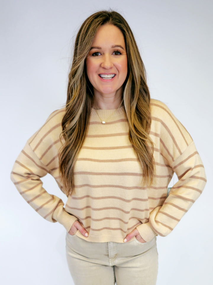 STRIPED LONG SLEEVE PULLOVER - MOCHA