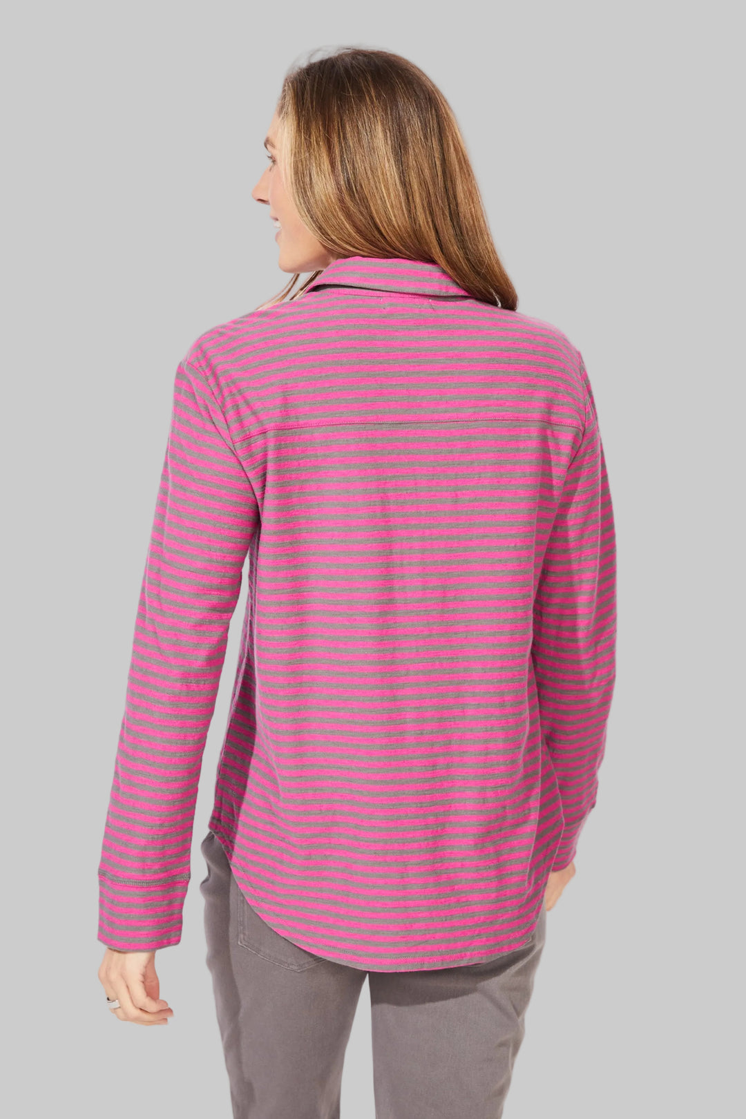 L/S COLLARED SPLIT NECK VERONA STRIPE TOP - FUCHSIA