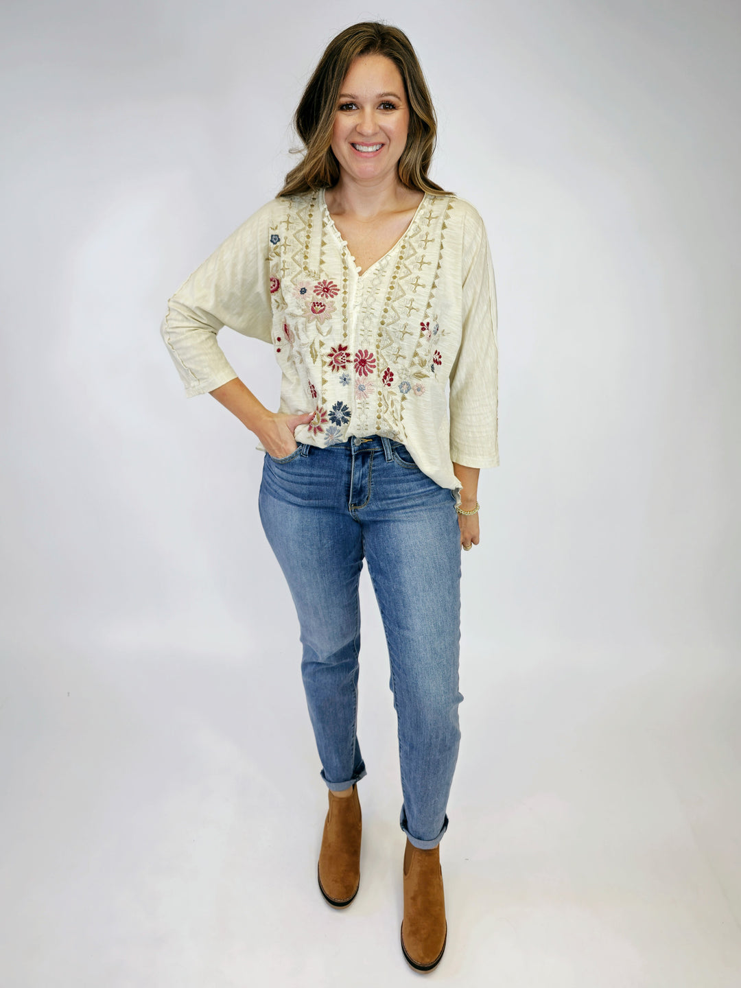 FLORAL EMBROIDERY DOLMAN SLUB TOP - BIRCH