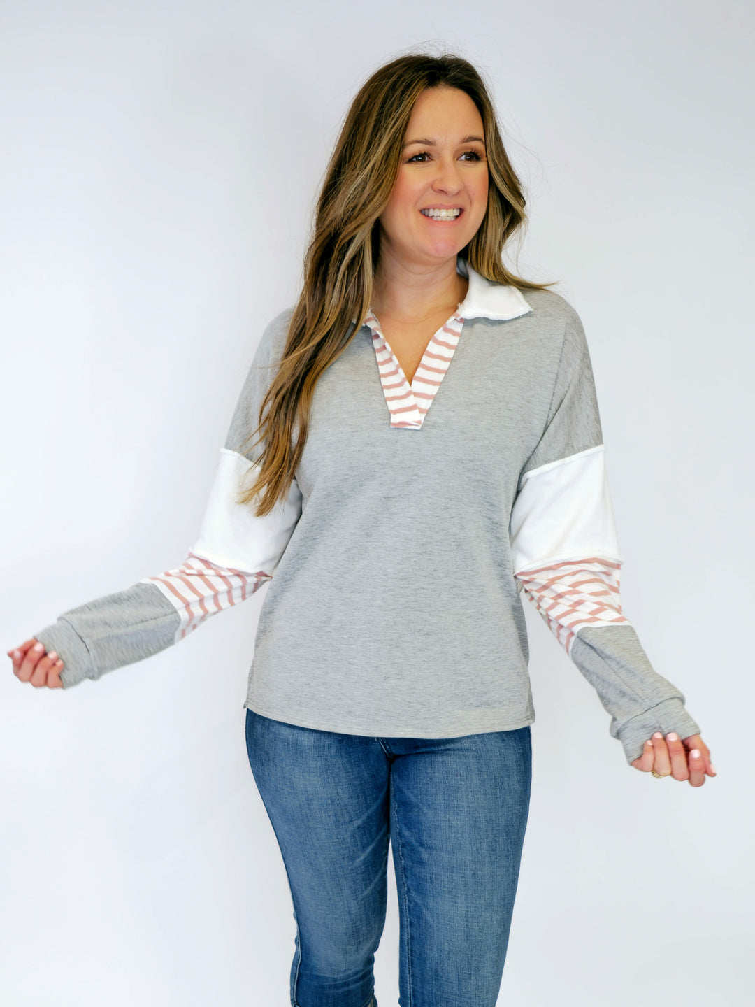 LONG SLEEVE COLOR BLOCK COLLARED TOP - PINK/GREY