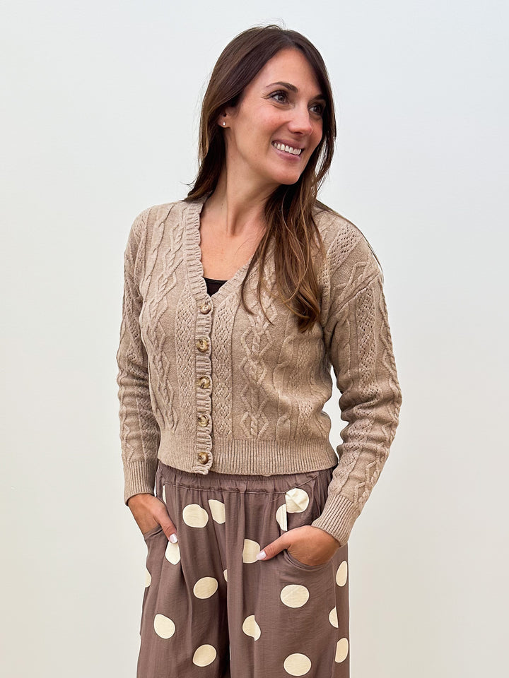 LONG SLEEVE BUTTON FRONT CABLE CARDIGAN - MOCHA