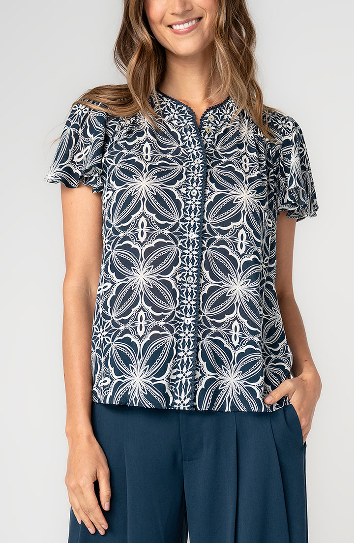 FLUTTER SLEEVE MIX PRINT BUTTON FRONT TOP - BLUE/CREAM