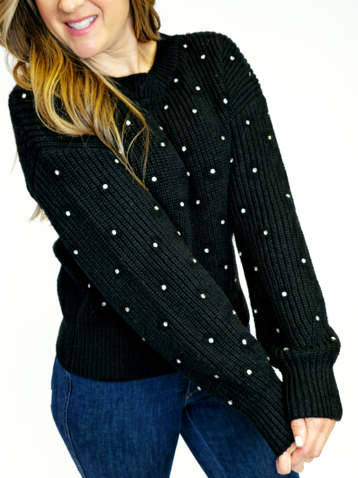 RHINESTONE CREW NECK SWEATER - BLACK