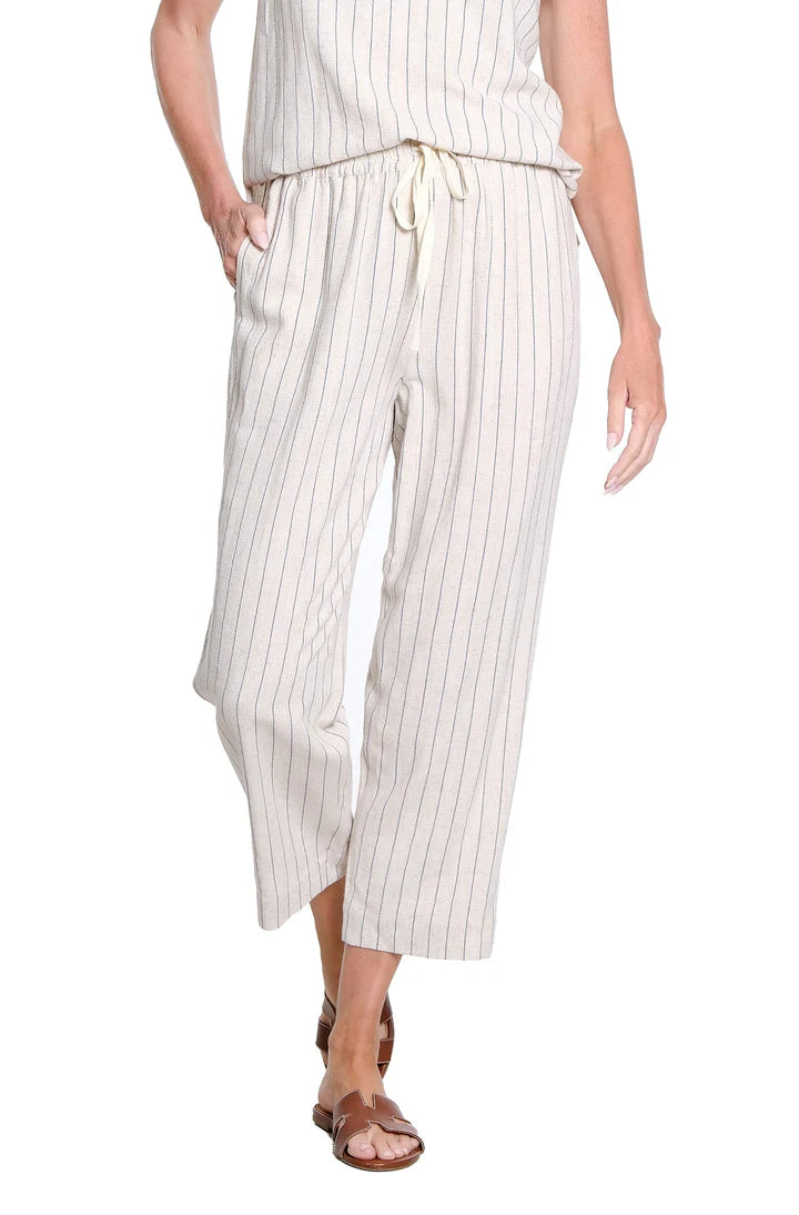 DRAWSTRING ELASTIC WAIST PULL ON CROP PANTS - PINSTRIPE FLAX