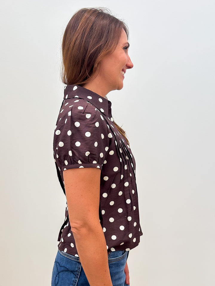 COLLARED POLKA DOT PINTUCK DETAIL BLOUSE - BROWN