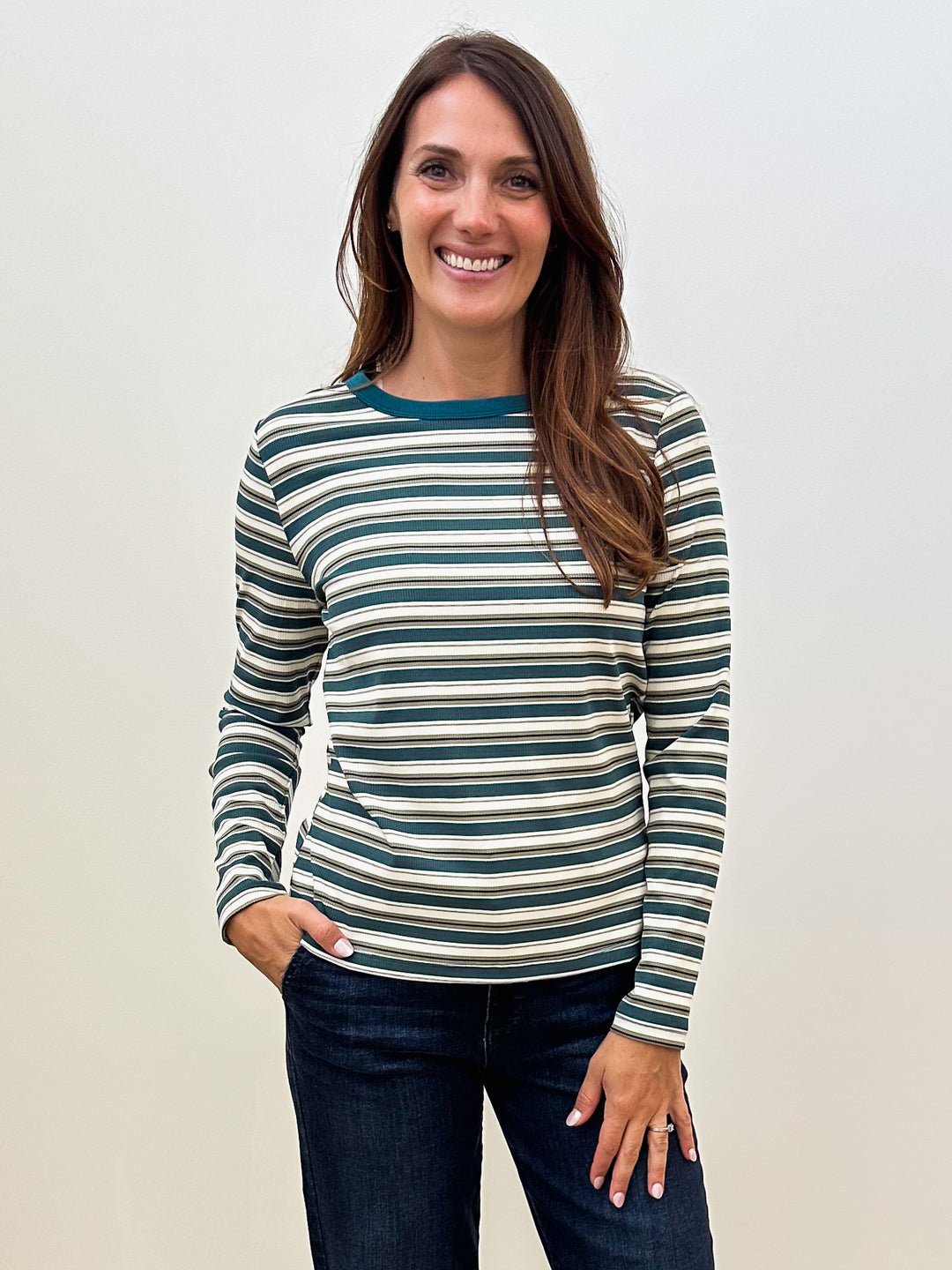 LONG SLEEVE BASIC MULTI RIB STRIPED TOP - JADE/IVORY