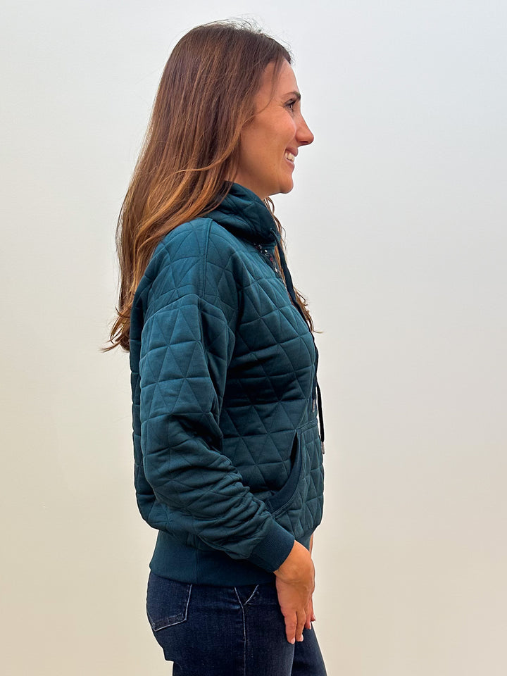 QUILTED HOODIE CONTRAST FLORAL PULLOVER  - DARK TEAL