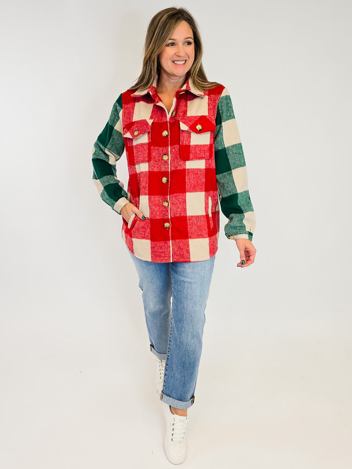 HOLLY & PINE PLAID SHACKET - RED/HUNTER GREEN