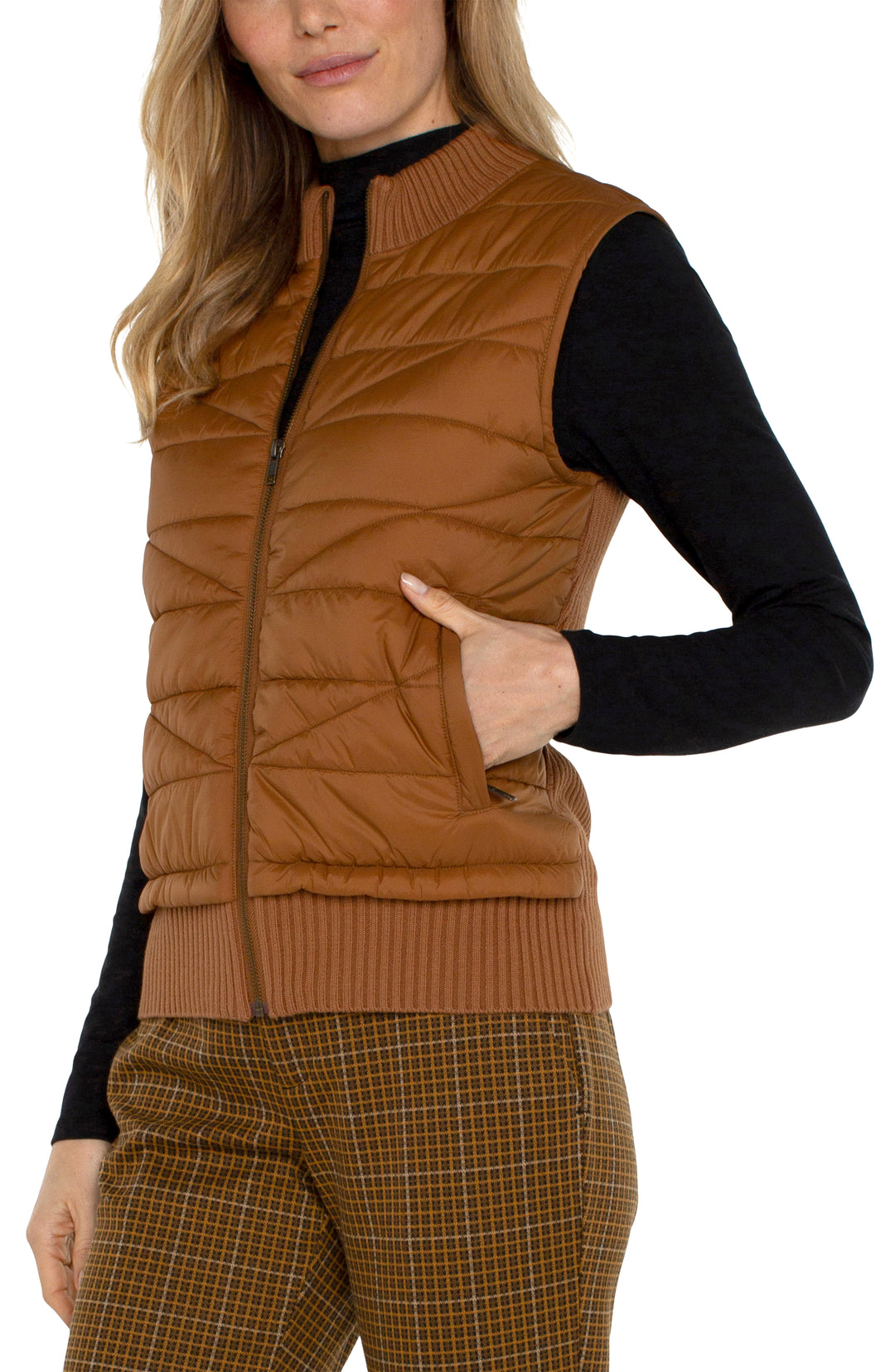 SLEEVELESS QUILTED FRONT FULL ZIP SWEATER VEST - TUMERIC