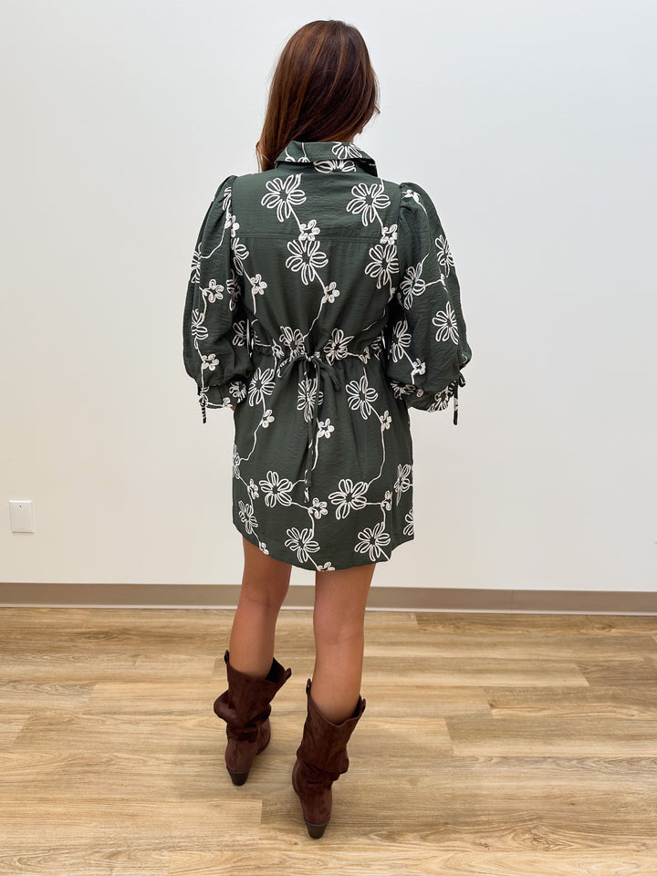 3/4 BALLOON SLEEVE FLORAL SHORT DRESS - OLIVE