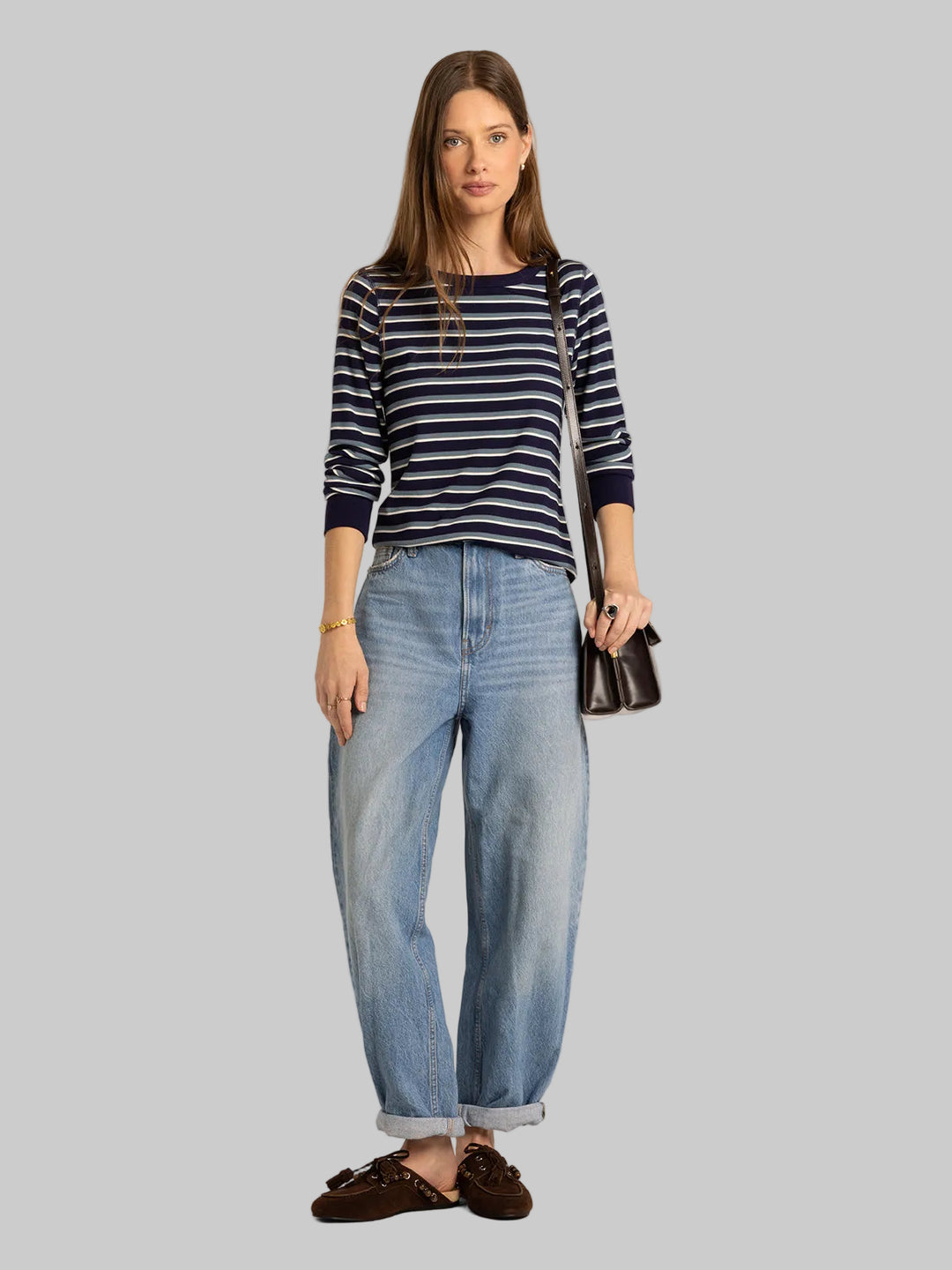 LONG SLEEVE STRIPED STACY TOP - NAVY MULTI