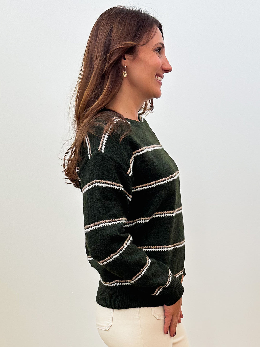 L/S STRIPED CREW NECK SWEATER - DARK OLIVE