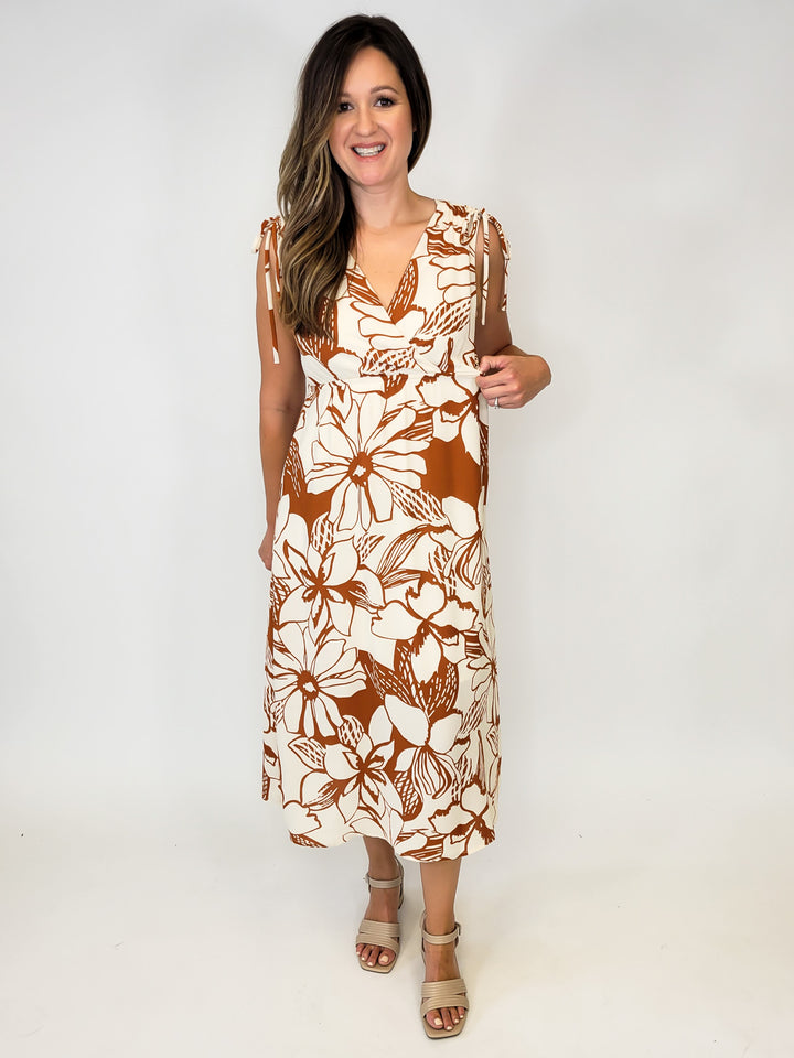 ROUCHED SHOULDER FLORAL MIDI DRESS - CAMEL