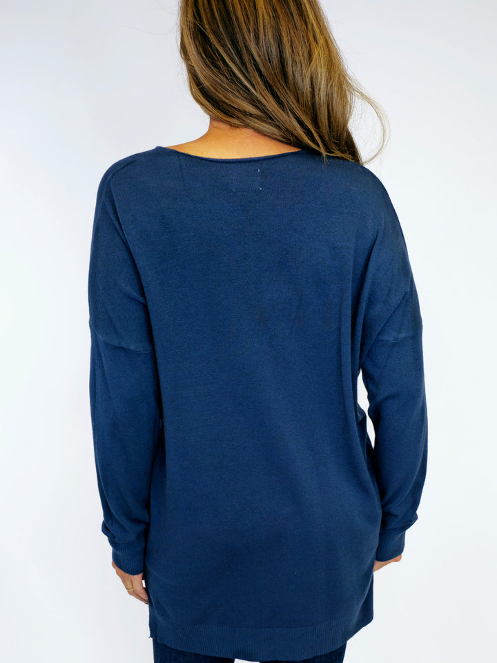 LONG SLEEVE V-NECK HI/LO SWEATER - DARK TEAL