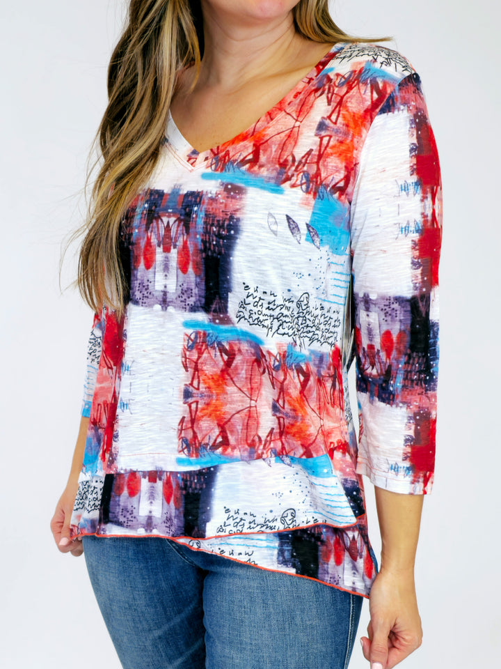 V-NECK 3/4 SLEEVE PRINTED TOP - CORAL