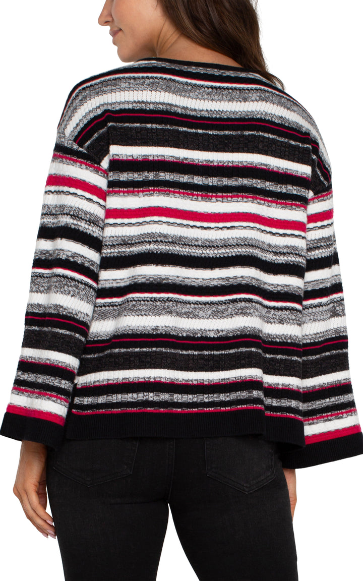 LONG SLEEVE BOAT NECK SWEATER - BLACK/RUBY/WHITE STRIPE