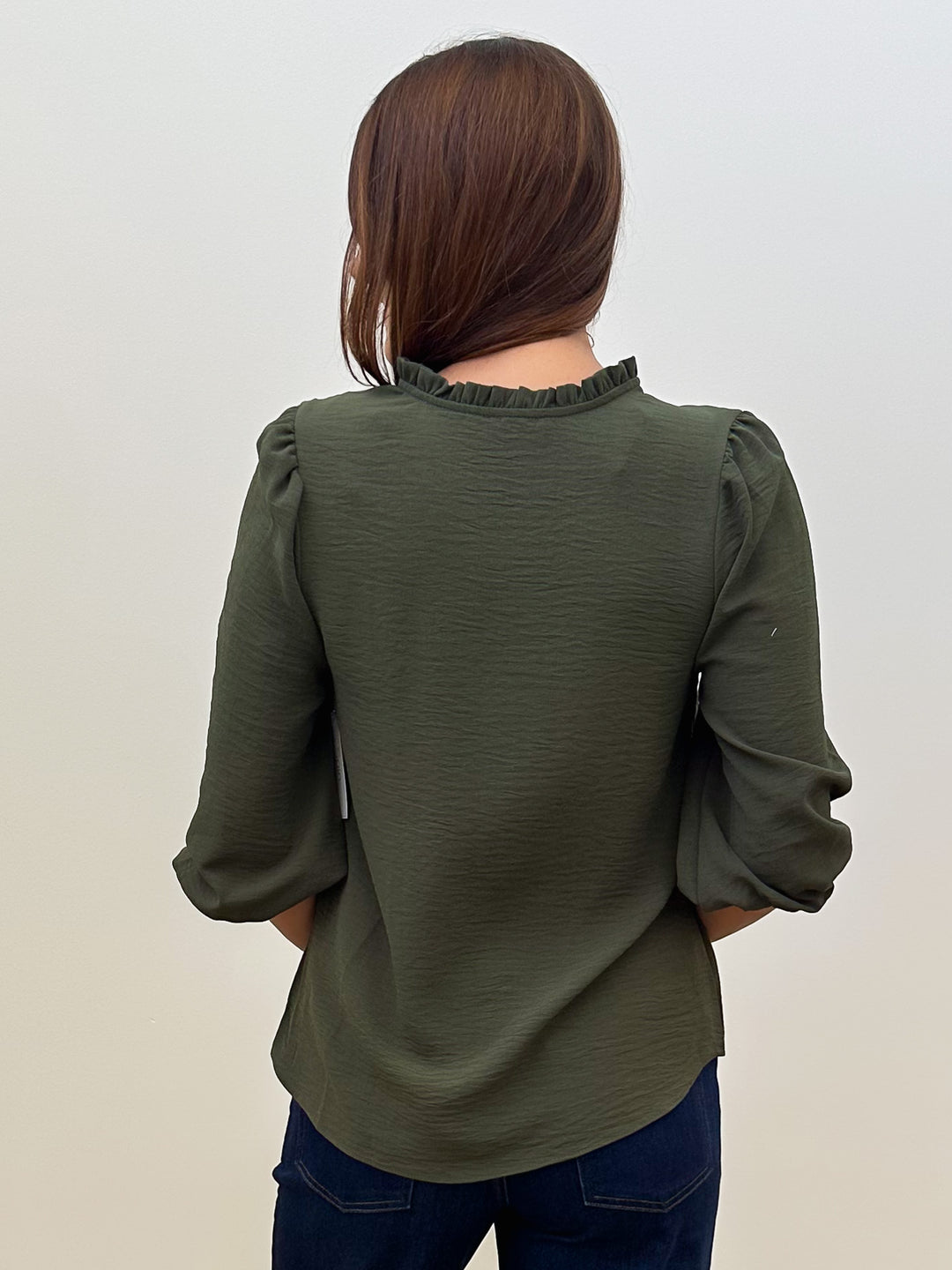 3/4 SLEEVE V-NECK RUFFLE COLLAR BLOUSE - OLIVE