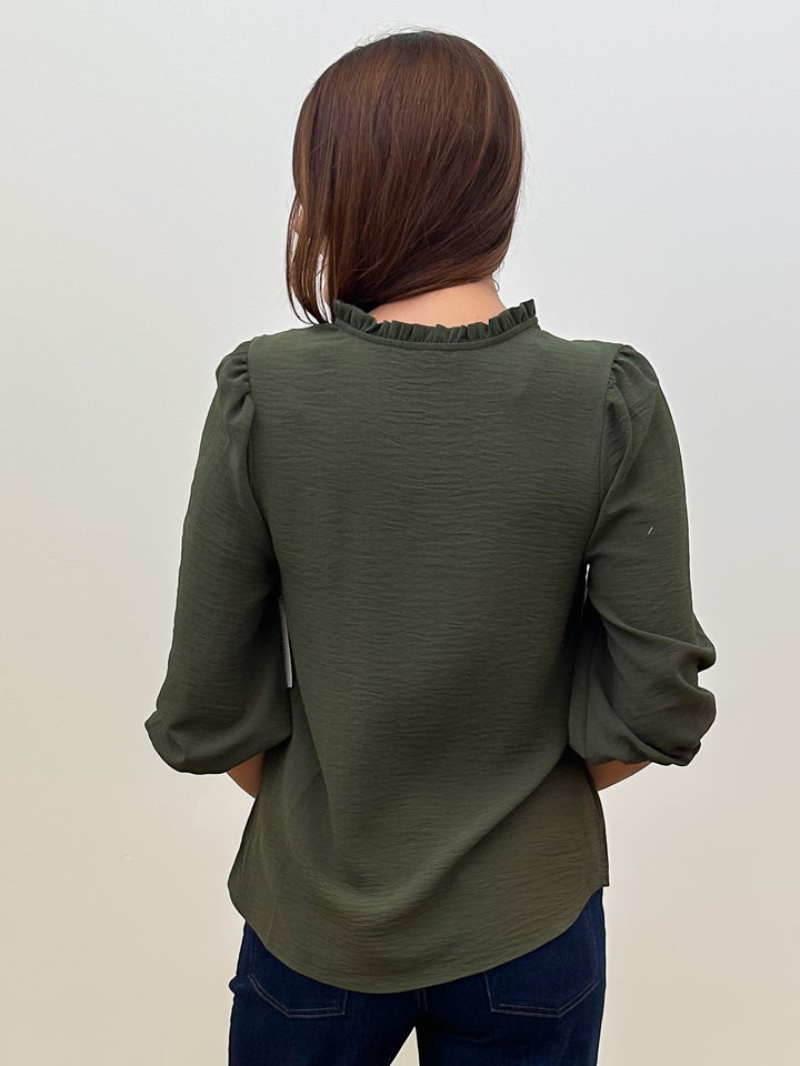 3/4 SLEEVE V-NECK RUFFLE COLLAR BLOUSE - OLIVE