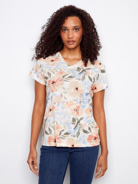 PRINTED V-NECK SHORT SLEEVE TSHIRT - AURELIA