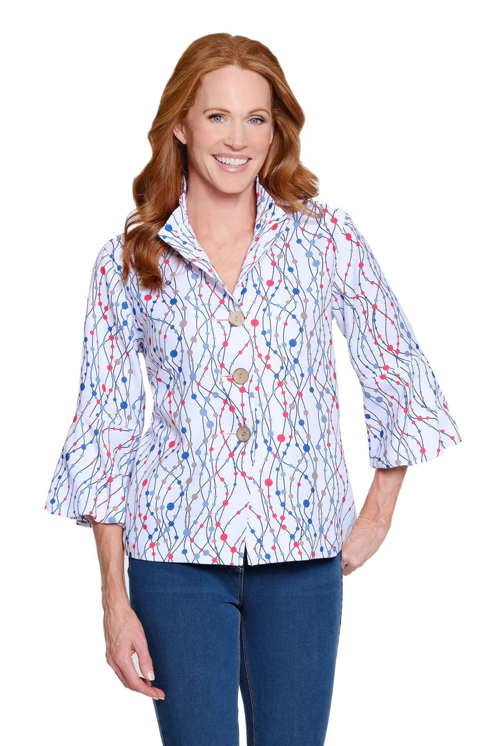 3/4 PUFF SLEEVE BUTTON FRONT JACKET - DOTS RWB