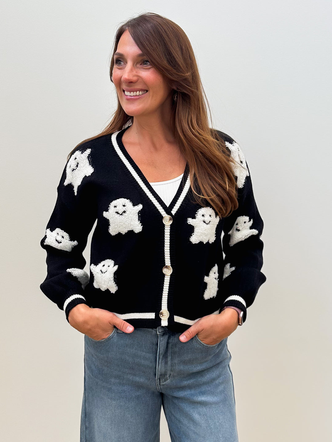 HALLOWEEN GHOST SWEATER CARDIGAN - BLACK