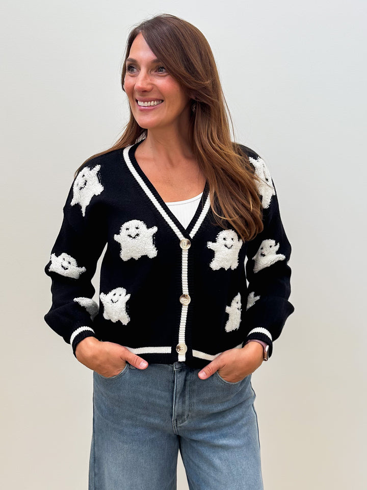 HALLOWEEN GHOST SWEATER CARDIGAN - BLACK