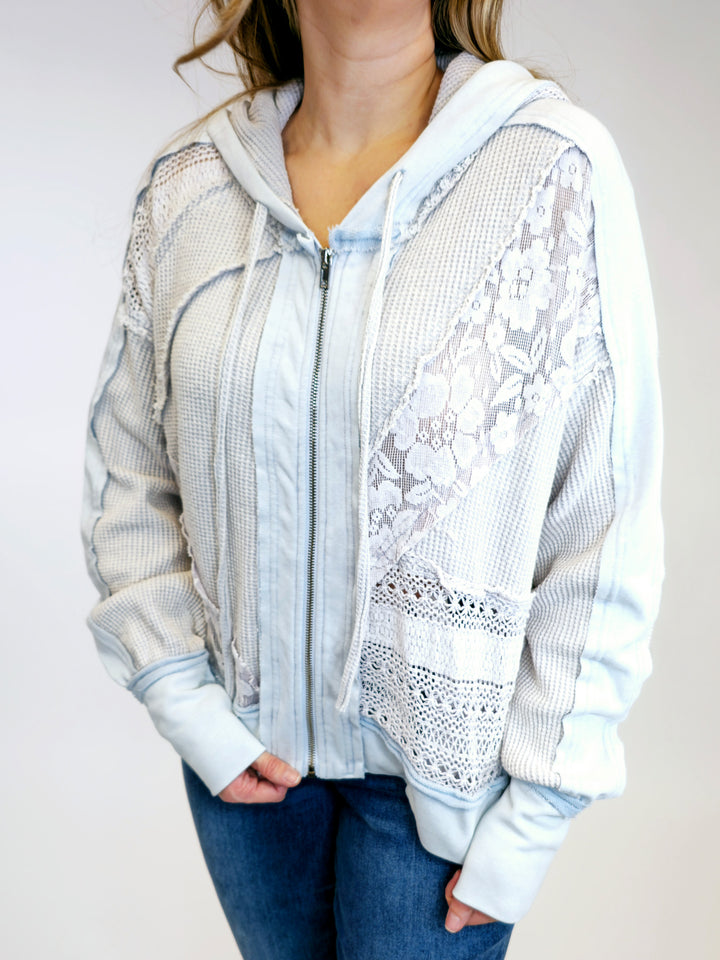 WASHED WAFFLE LACE ZIP UP LONG SLEEVE JACKET - LT BLUE