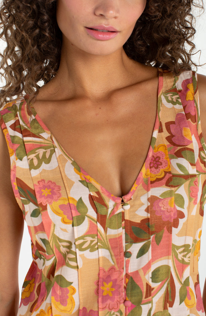 SLEEVELESS V-NECK WOVEN TOP W/PINKTUCKS - TAN FLORAL