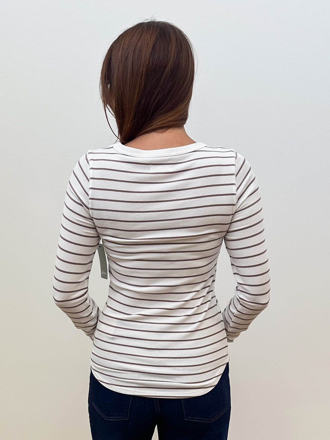 LONG SLEEVE STRIPED STACY TOP - IVORY LIGHT BROWN